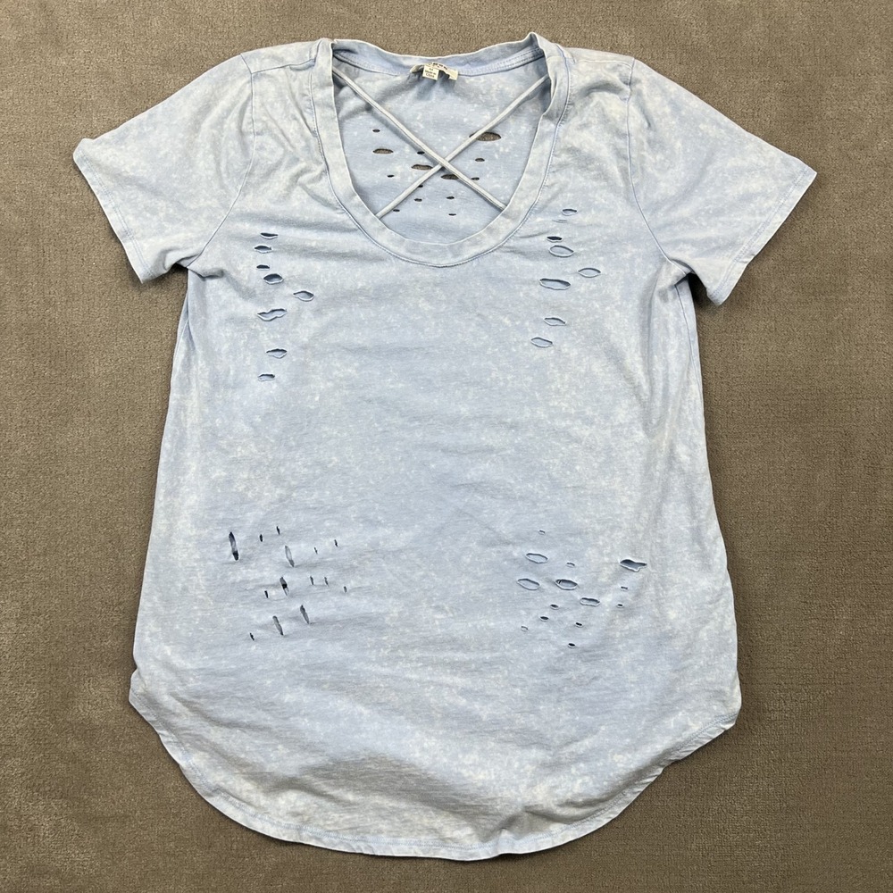 Umgee Size M Womens Blue Acid Wash Distressed Lattice Neck Short Sleeve Top